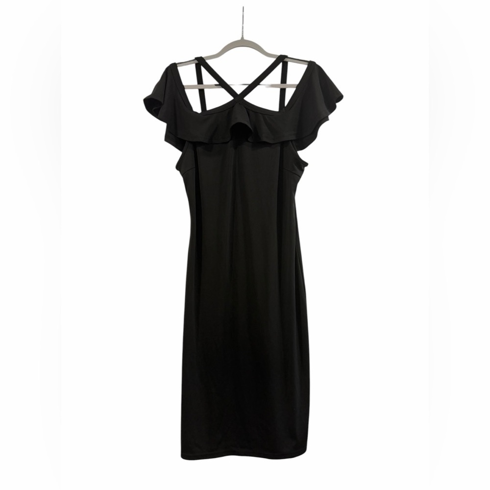 Women’s Black Midi Criss Cross Wedding Guest Cocktail Ruffle Party Dress Large
